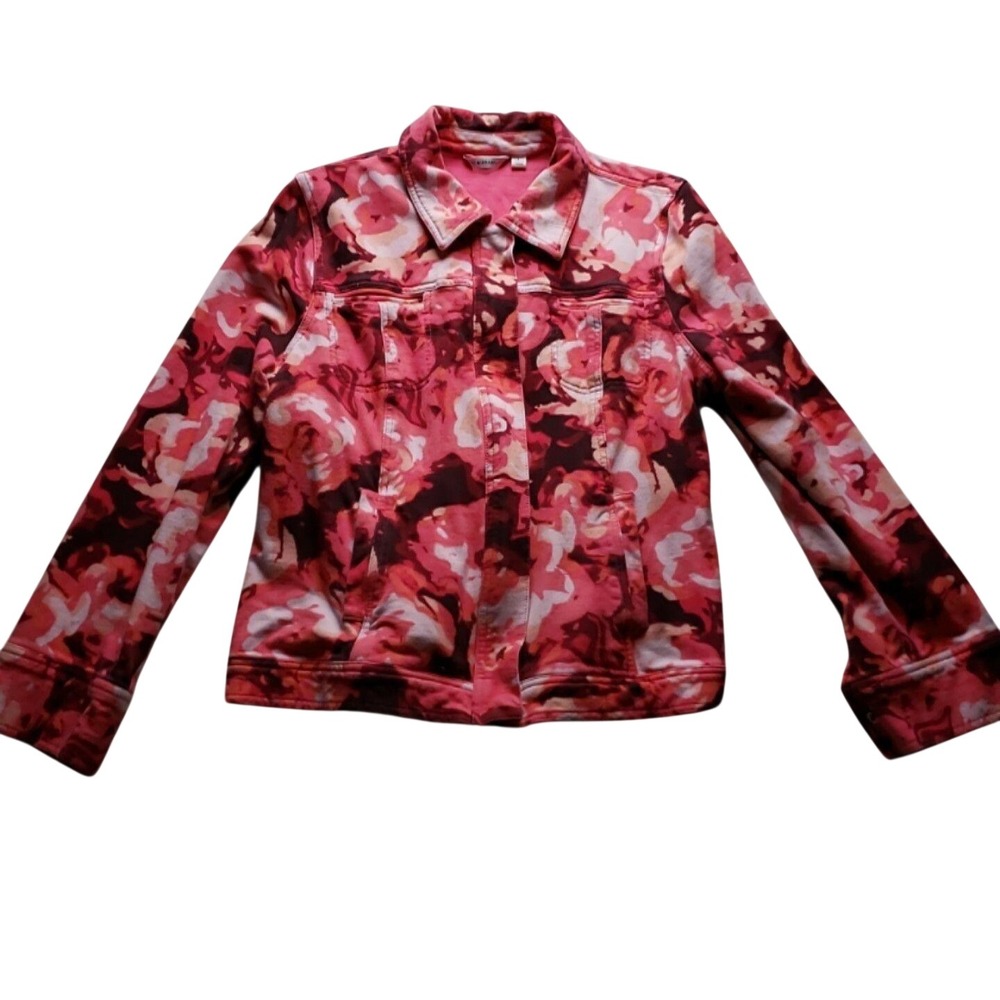 Isaac Mizrahi Live Jacket Womens Large Pink Floral French Terry Button Front